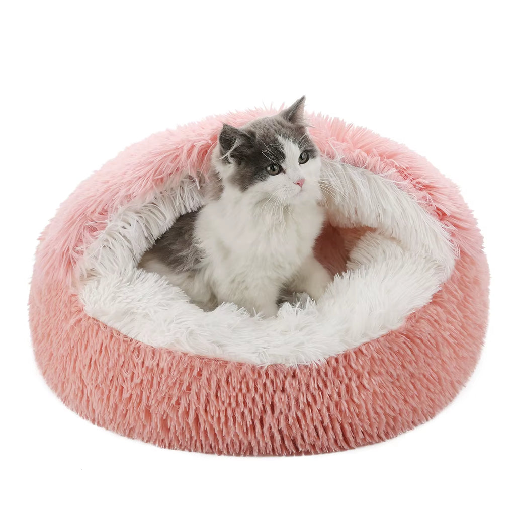 Round Fluffy Hooded Cat Bed Cave - Donut Style Calming Bed for Indoor Cats and Small to Medium Dogs