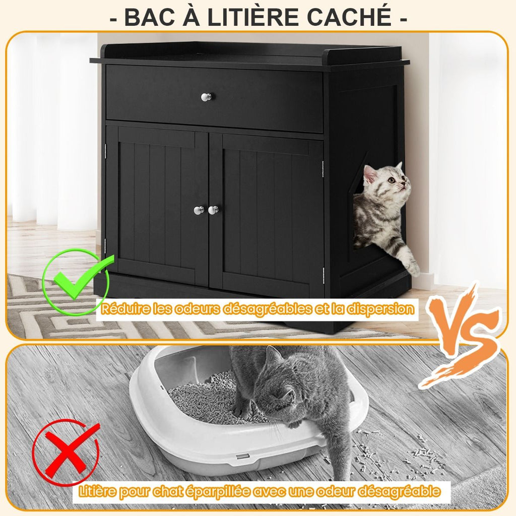 Enceinte De Bac À Litière Pour Chat Meubles De Toilette Cachés Pour Chat Avec Tiroir Et 2 Portes Table D'Appoint Pour Chat Blanc/Noir