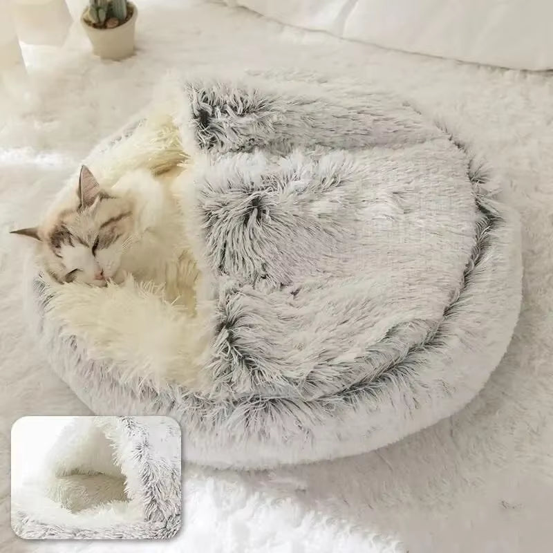 Plush Round Hooded Pet Bed - Fluffy Soft Cushion for Cats and Small Dogs, 2-in-1 Sleeping Nest and Cave