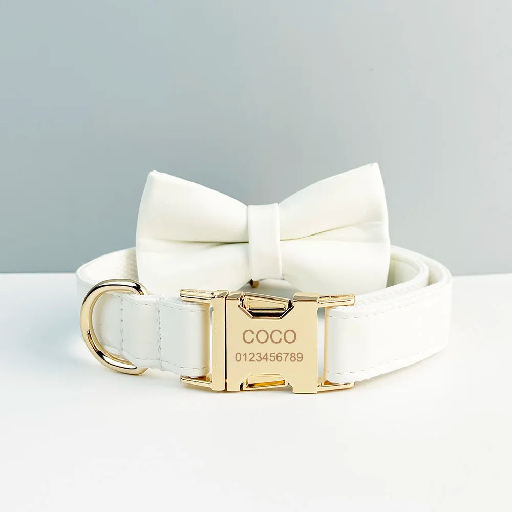 Custom Engraved White Leather Dog Collar and Leash Set with Nameplate - Premium Pet Supplies