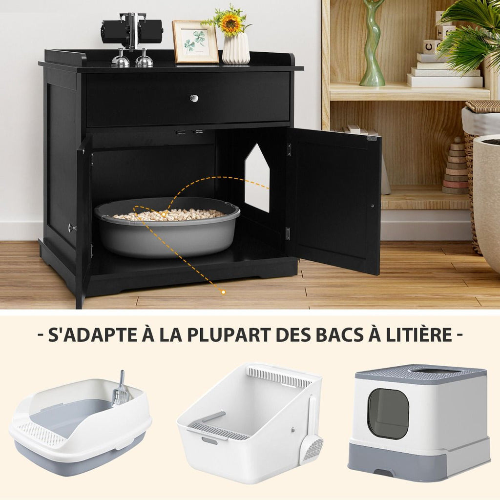 Enceinte De Bac À Litière Pour Chat Meubles De Toilette Cachés Pour Chat Avec Tiroir Et 2 Portes Table D'Appoint Pour Chat Blanc/Noir