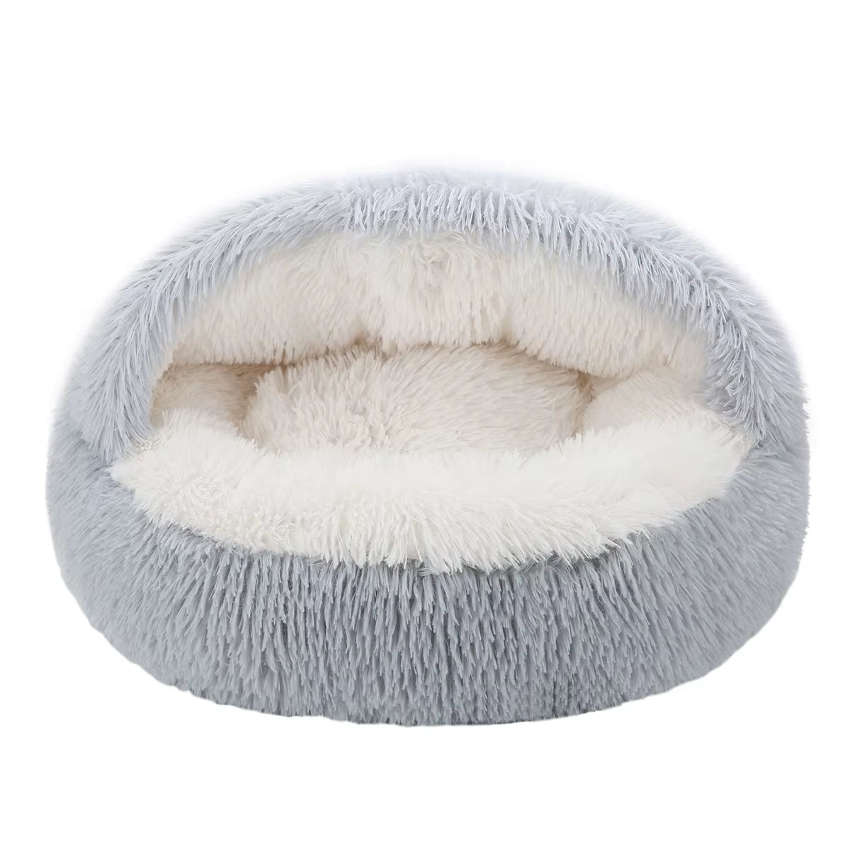 Round Fluffy Hooded Cat Bed Cave - Donut Style Calming Bed for Indoor Cats and Small to Medium Dogs