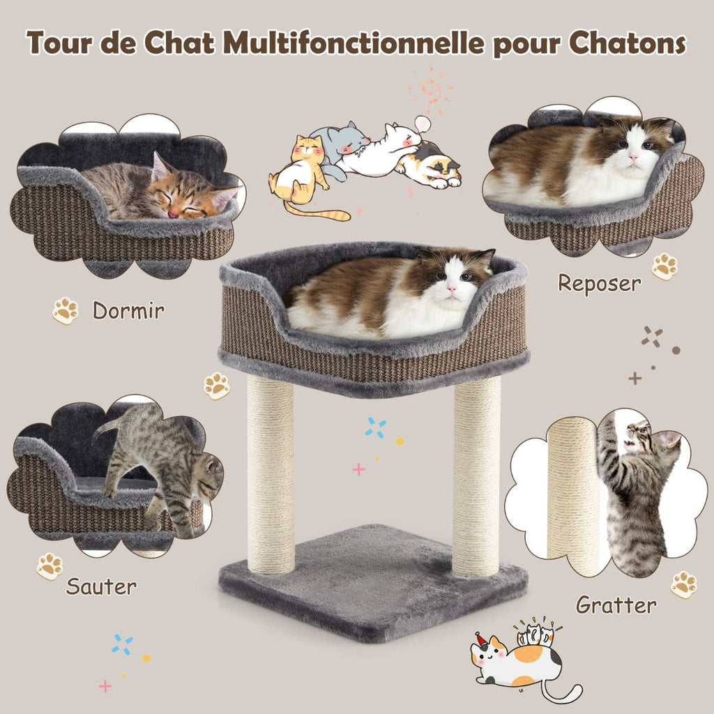 Tour D'Arbre À Chat Compacte Avec Perchoir En Peluche Et Griffoirs Pour Se Faire Ses Griffes Gris/Beige