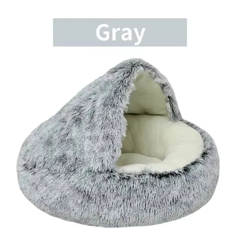Plush Round Hooded Pet Bed - Fluffy Soft Cushion for Cats and Small Dogs, 2-in-1 Sleeping Nest and Cave