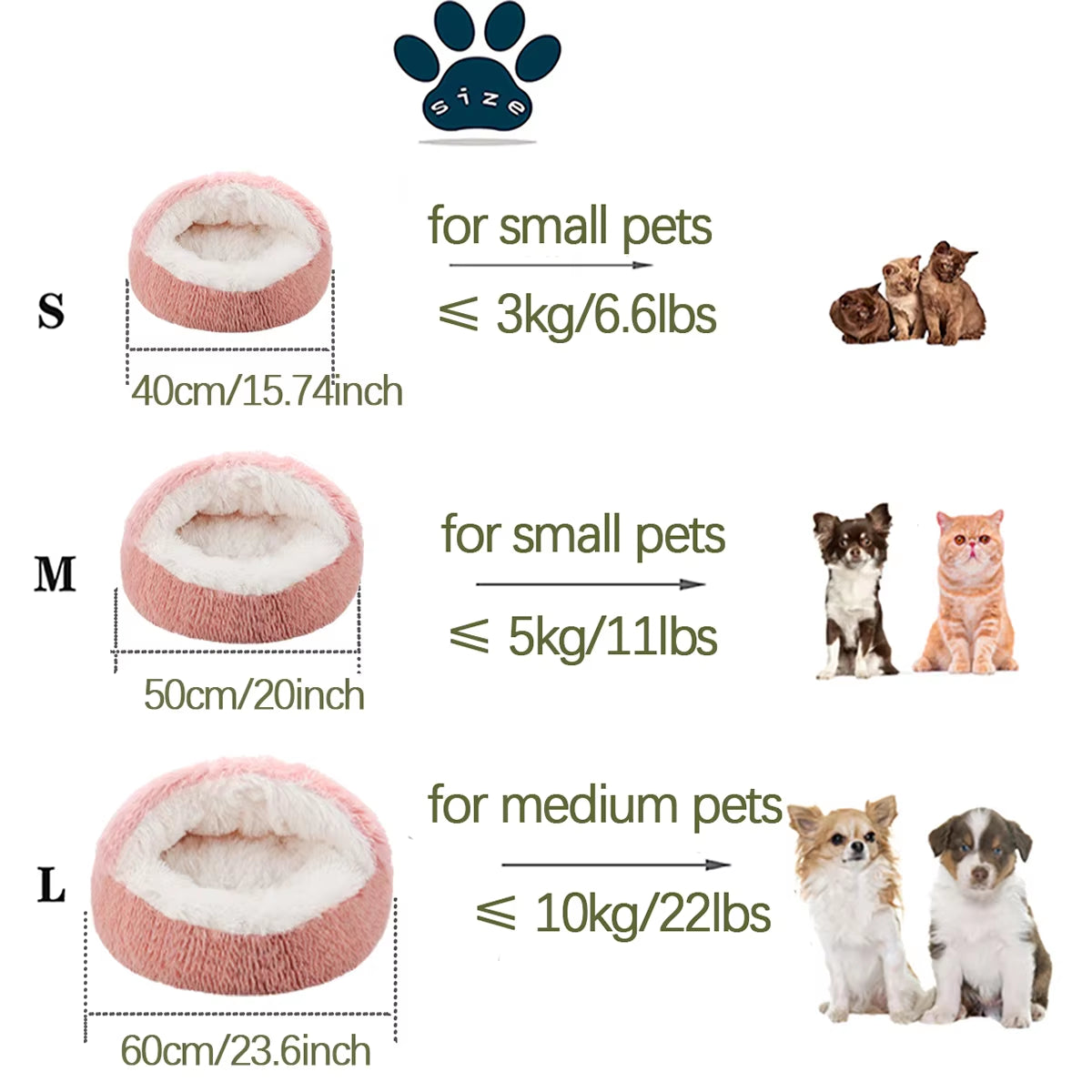 Round Fluffy Hooded Cat Bed Cave - Donut Style Calming Bed for Indoor Cats and Small to Medium Dogs