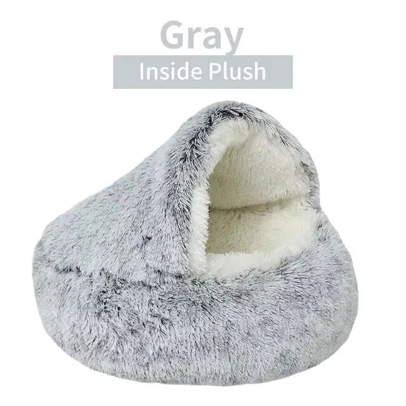 Plush Round Hooded Pet Bed - Fluffy Soft Cushion for Cats and Small Dogs, 2-in-1 Sleeping Nest and Cave