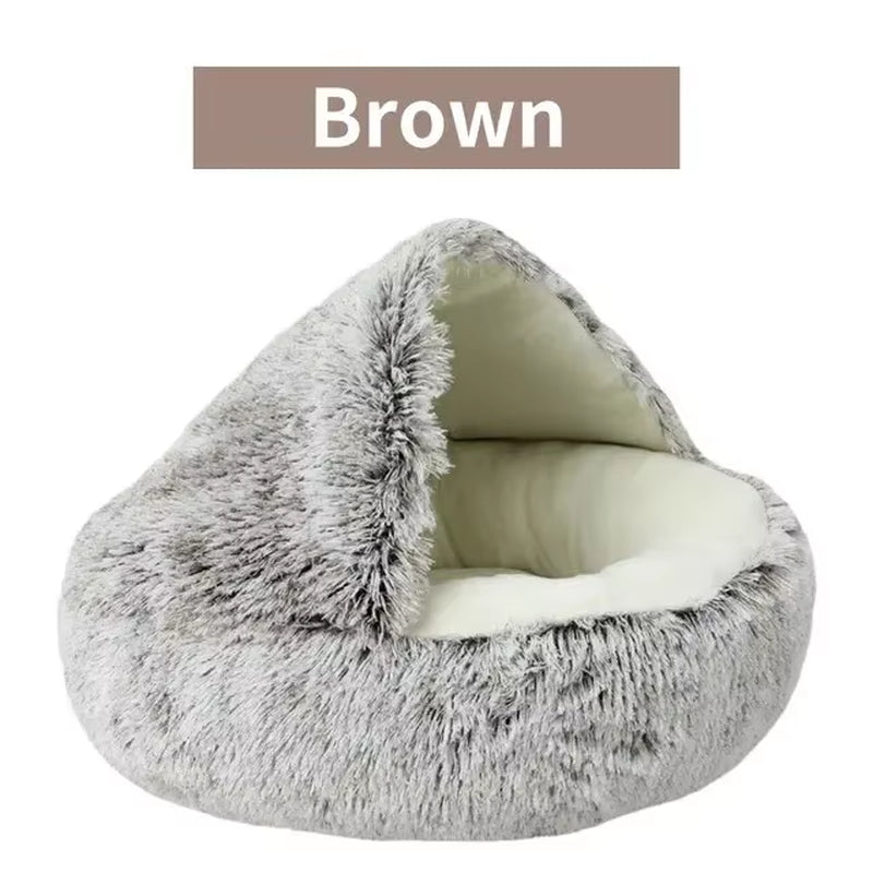 Plush Round Hooded Pet Bed - Fluffy Soft Cushion for Cats and Small Dogs, 2-in-1 Sleeping Nest and Cave
