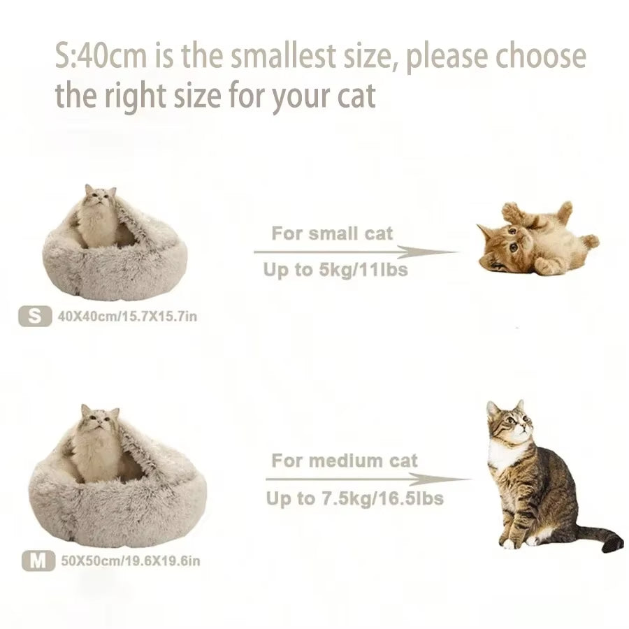 Plush Round Hooded Pet Bed - Fluffy Soft Cushion for Cats and Small Dogs, 2-in-1 Sleeping Nest and Cave