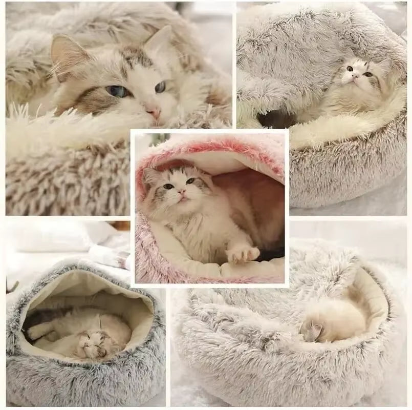Plush Round Hooded Pet Bed - Fluffy Soft Cushion for Cats and Small Dogs, 2-in-1 Sleeping Nest and Cave