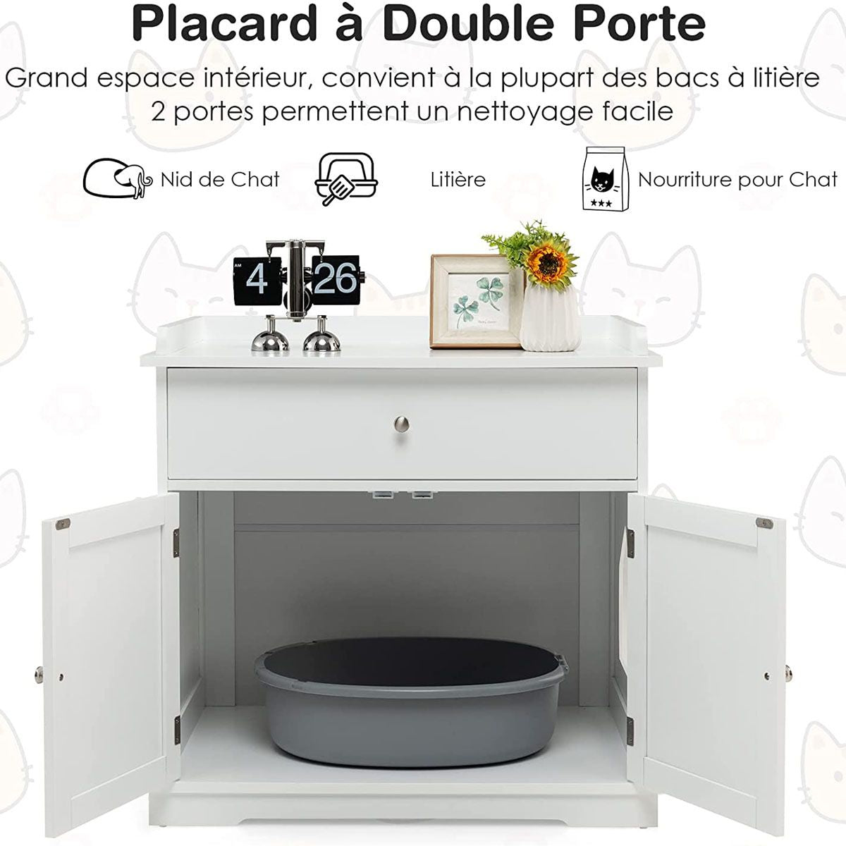 Enceinte De Bac À Litière Pour Chat Meubles De Toilette Cachés Pour Chat Avec Tiroir Et 2 Portes Table D'Appoint Pour Chat Blanc/Noir