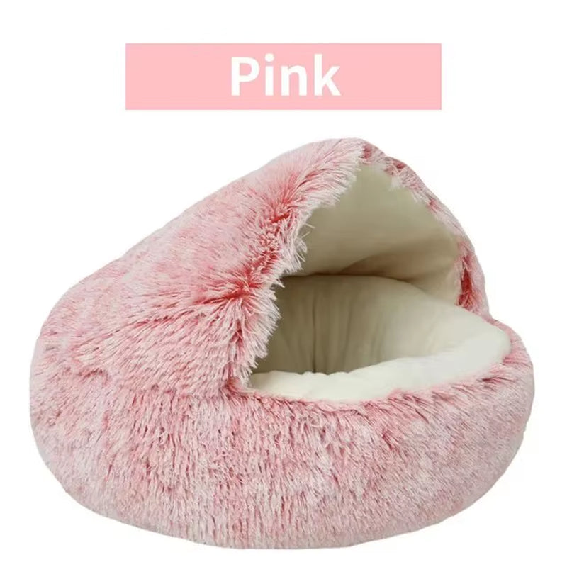 Plush Round Hooded Pet Bed - Fluffy Soft Cushion for Cats and Small Dogs, 2-in-1 Sleeping Nest and Cave