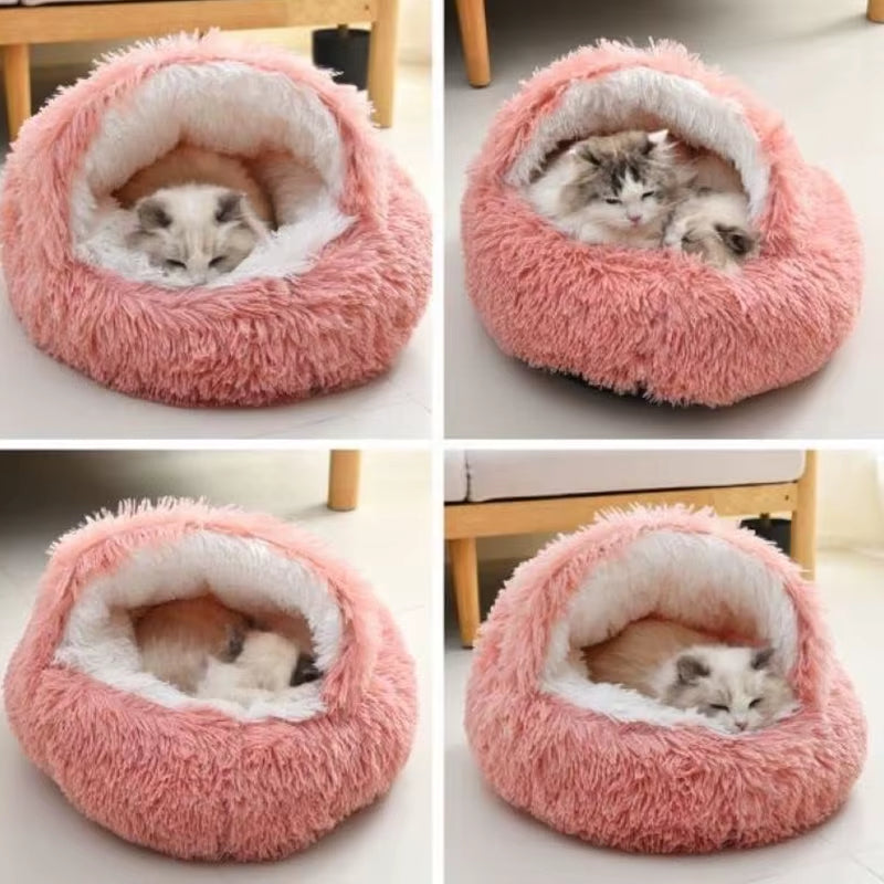 Round Fluffy Hooded Cat Bed Cave - Donut Style Calming Bed for Indoor Cats and Small to Medium Dogs