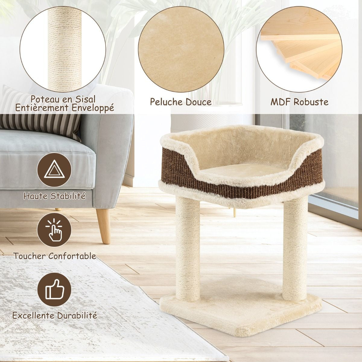 Tour D'Arbre À Chat Compacte Avec Perchoir En Peluche Et Griffoirs Pour Se Faire Ses Griffes Gris/Beige