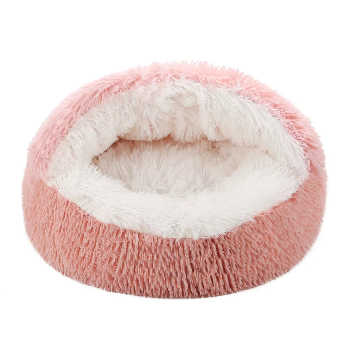 Round Fluffy Hooded Cat Bed Cave - Donut Style Calming Bed for Indoor Cats and Small to Medium Dogs