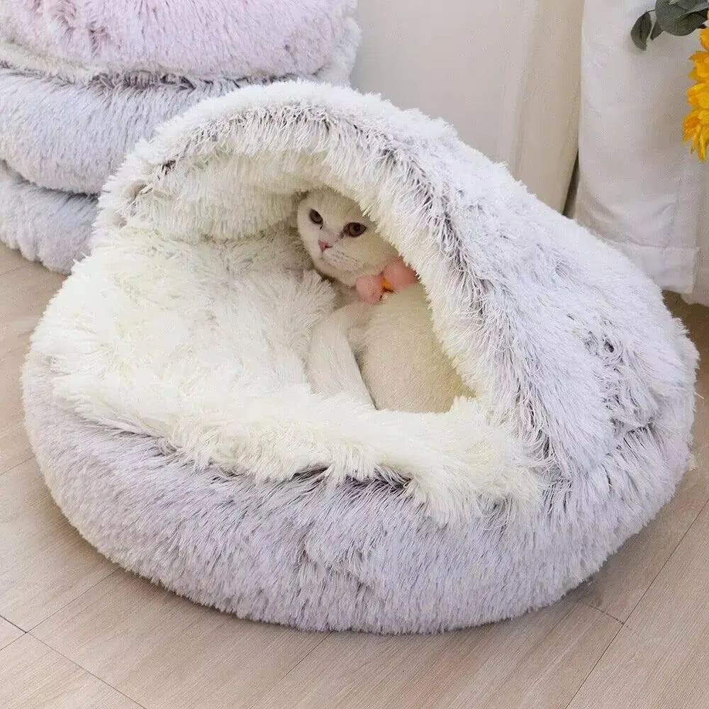 Plush Round Hooded Pet Bed - Fluffy Soft Cushion for Cats and Small Dogs, 2-in-1 Sleeping Nest and Cave