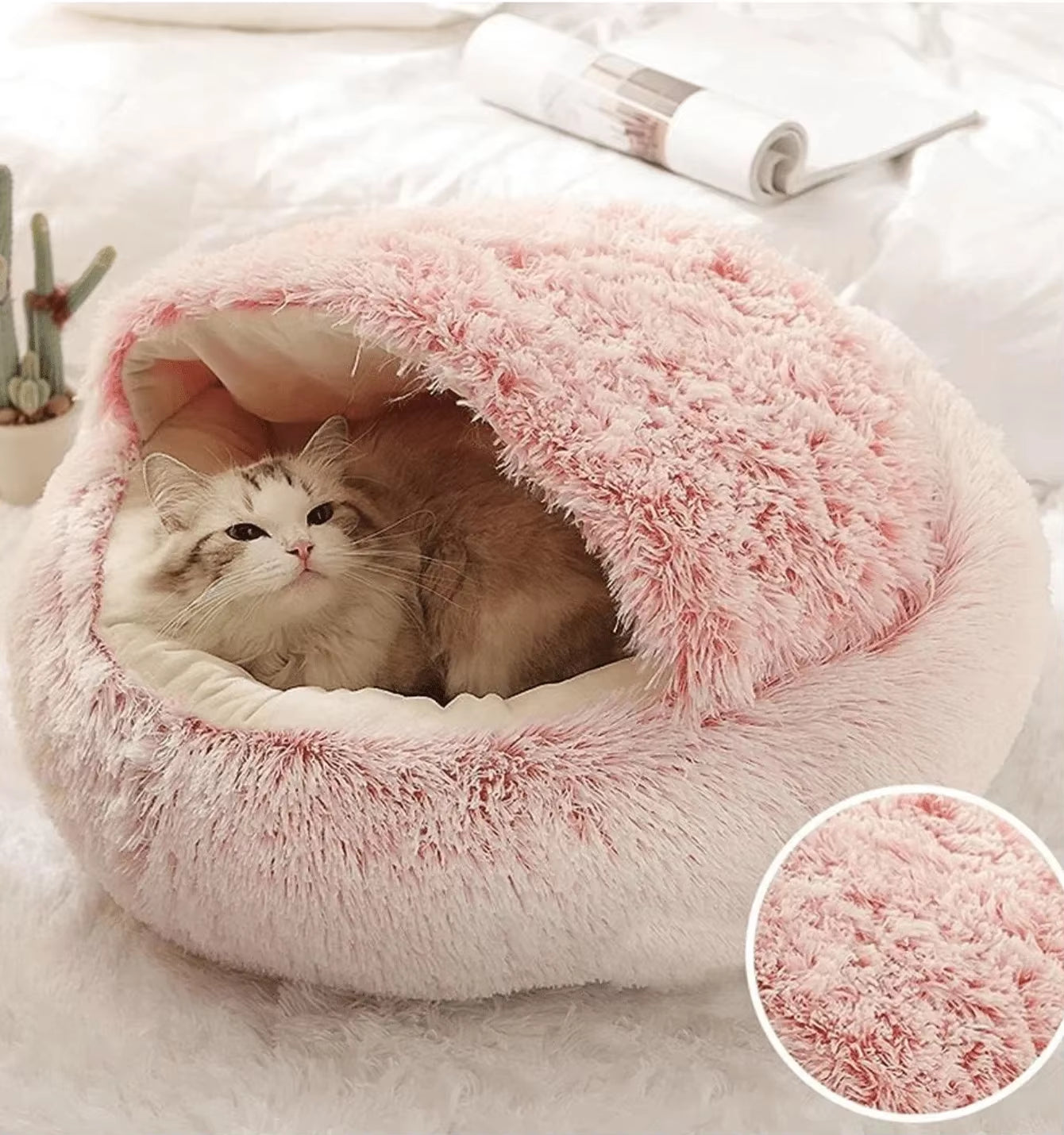 Plush Round Hooded Pet Bed - Fluffy Soft Cushion for Cats and Small Dogs, 2-in-1 Sleeping Nest and Cave