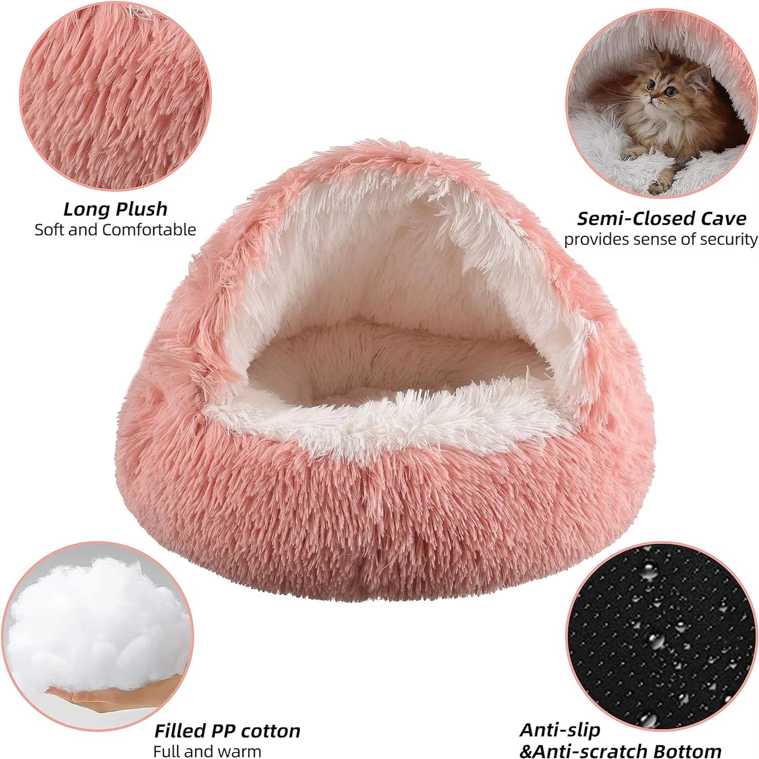 Round Fluffy Hooded Cat Bed Cave - Donut Style Calming Bed for Indoor Cats and Small to Medium Dogs