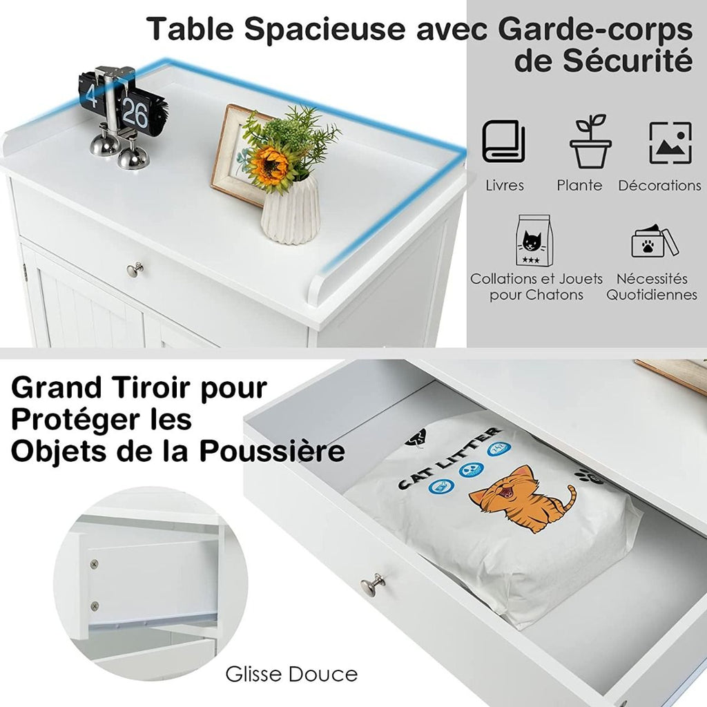 Enceinte De Bac À Litière Pour Chat Meubles De Toilette Cachés Pour Chat Avec Tiroir Et 2 Portes Table D'Appoint Pour Chat Blanc/Noir