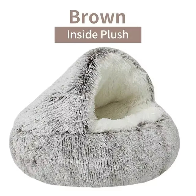 Plush Round Hooded Pet Bed - Fluffy Soft Cushion for Cats and Small Dogs, 2-in-1 Sleeping Nest and Cave