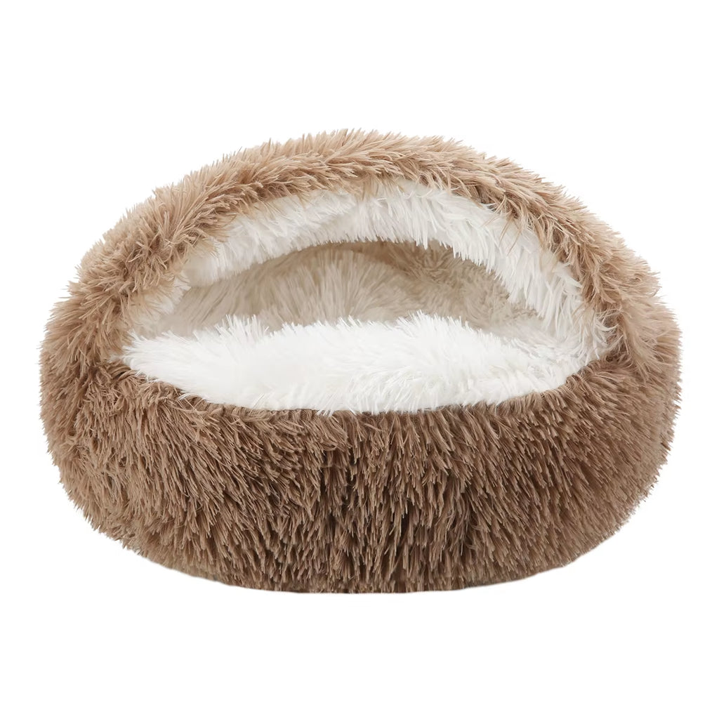 Round Fluffy Hooded Cat Bed Cave - Donut Style Calming Bed for Indoor Cats and Small to Medium Dogs