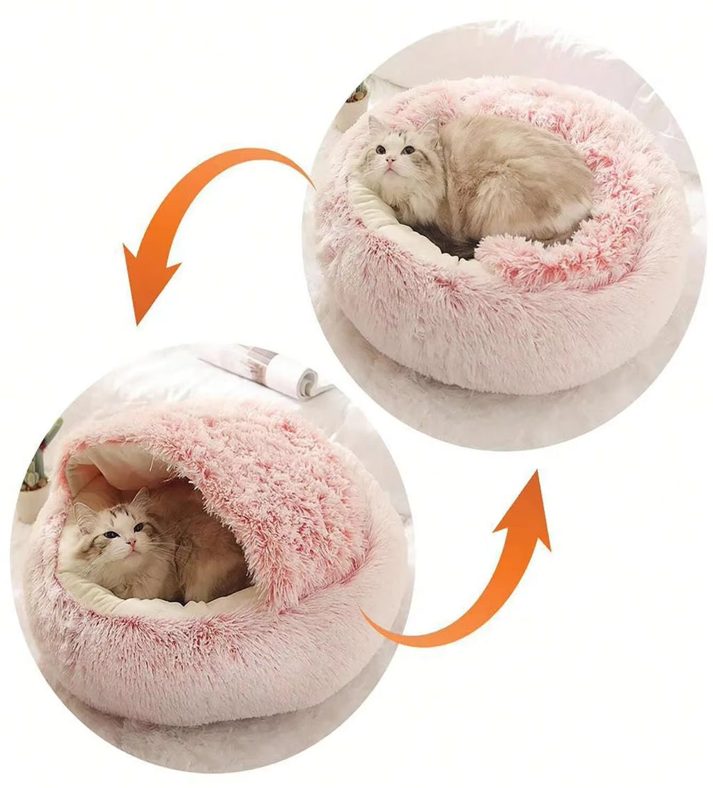 Plush Round Hooded Pet Bed - Fluffy Soft Cushion for Cats and Small Dogs, 2-in-1 Sleeping Nest and Cave