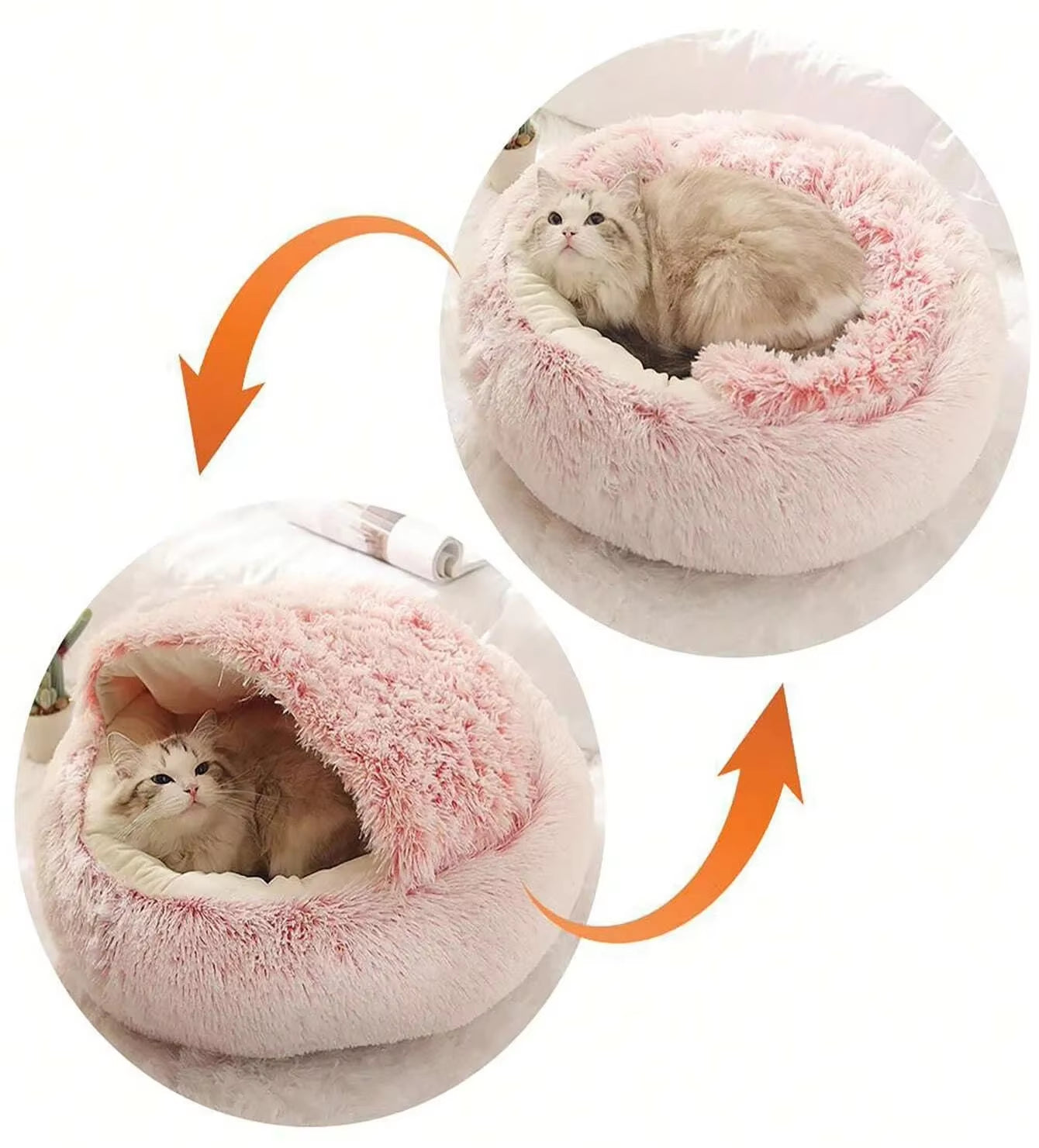 Plush Round Hooded Pet Bed - Fluffy Soft Cushion for Cats and Small Dogs, 2-in-1 Sleeping Nest and Cave
