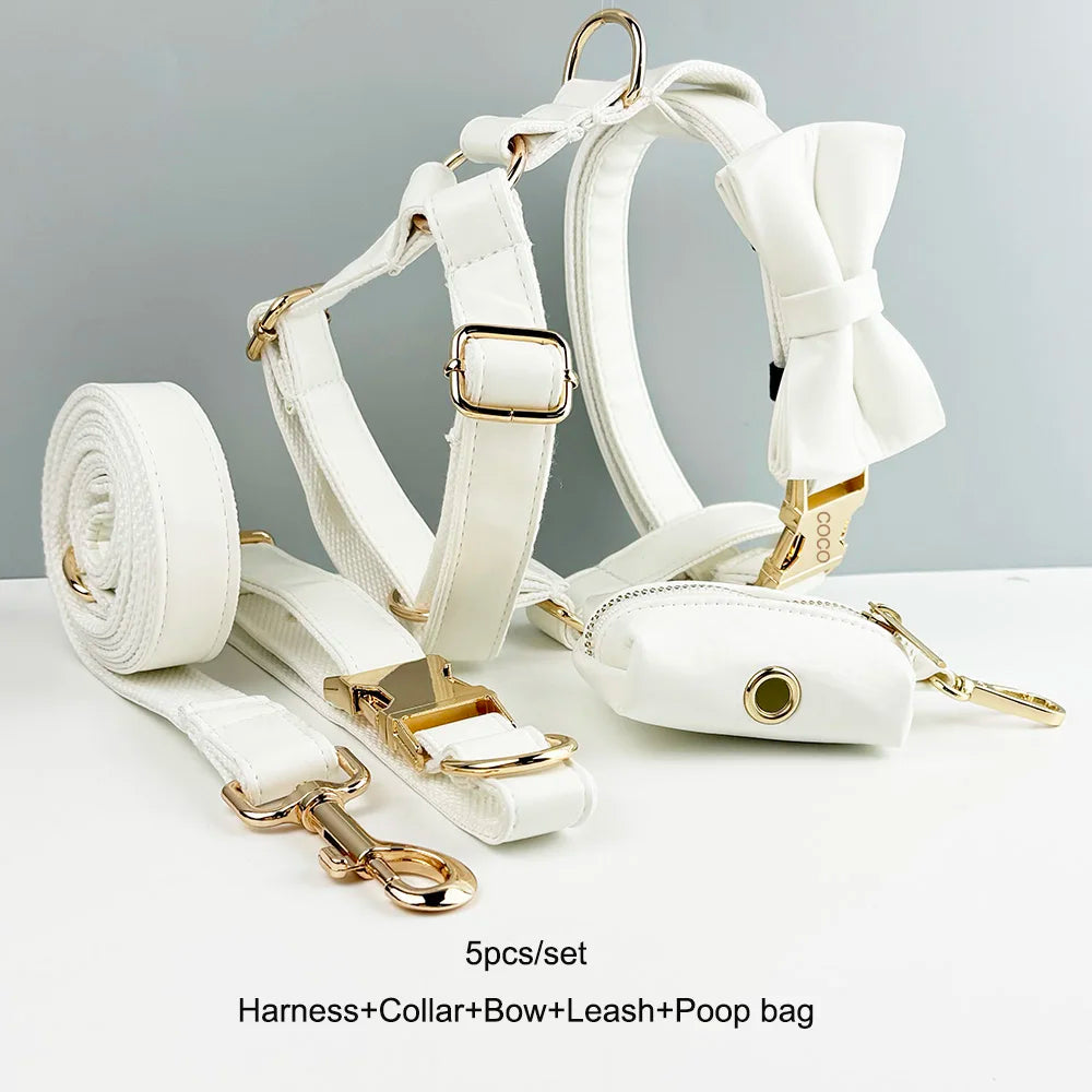 Custom Engraved White Leather Dog Collar and Leash Set with Nameplate - Premium Pet Supplies