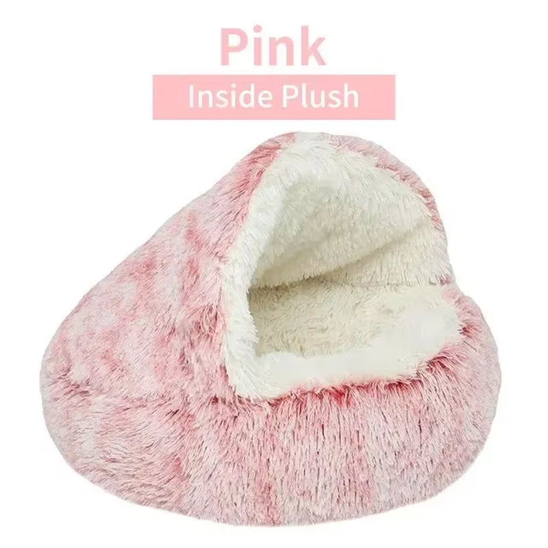 Plush Round Hooded Pet Bed - Fluffy Soft Cushion for Cats and Small Dogs, 2-in-1 Sleeping Nest and Cave