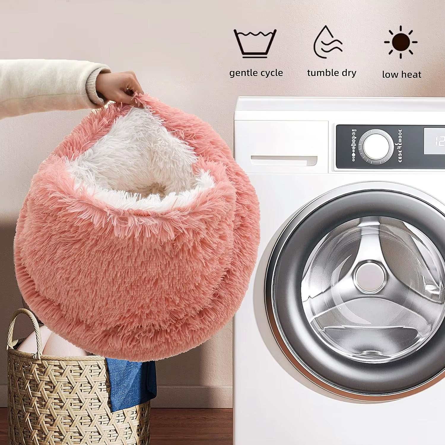 Round Fluffy Hooded Cat Bed Cave - Donut Style Calming Bed for Indoor Cats and Small to Medium Dogs