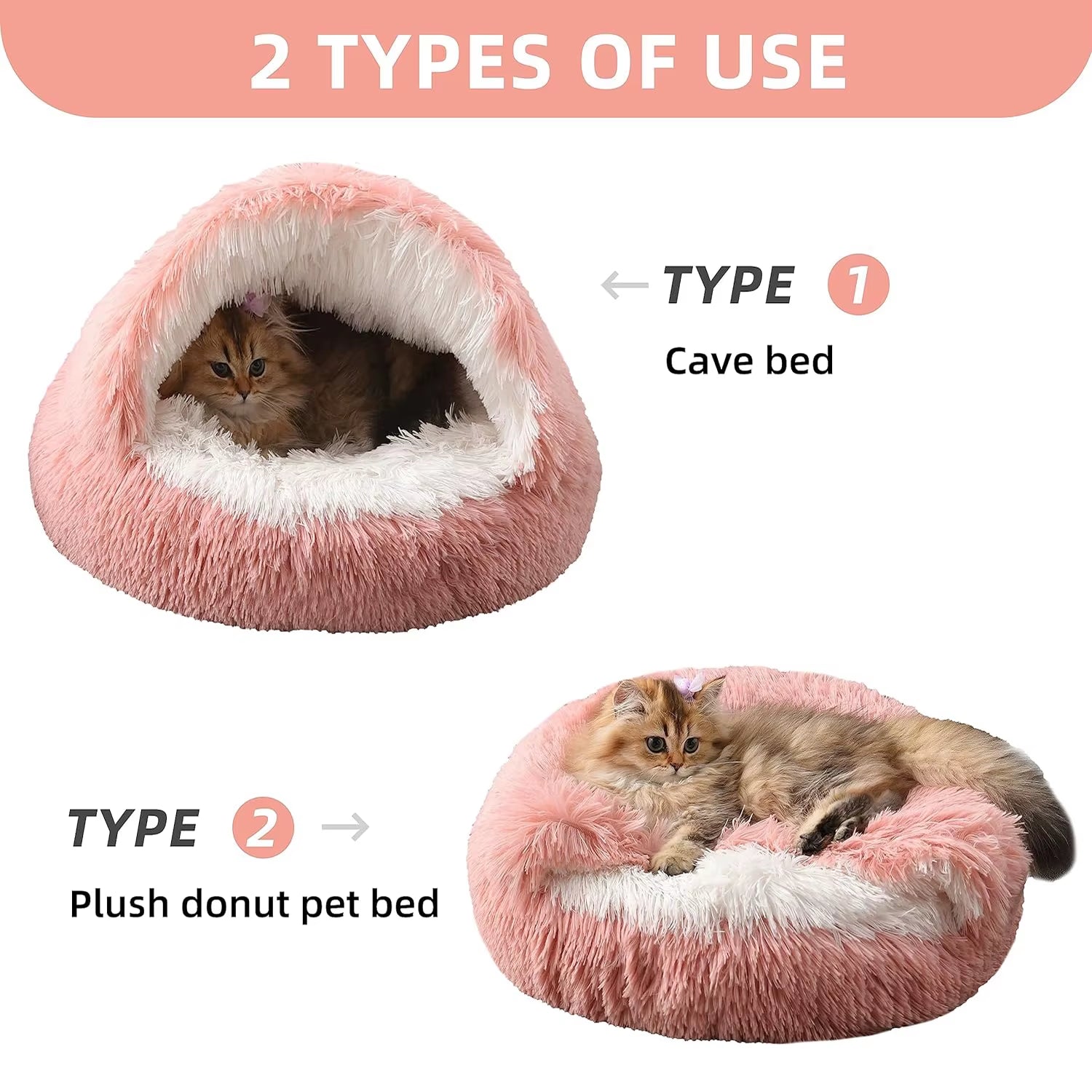 Round Fluffy Hooded Cat Bed Cave - Donut Style Calming Bed for Indoor Cats and Small to Medium Dogs