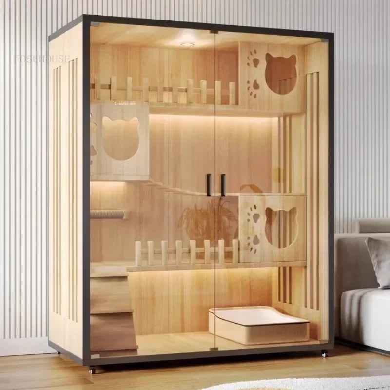 Contemporary Wooden Cat Villa - Spacious Indoor Pet Litter House and Solid Wood Cabinet for Cats
